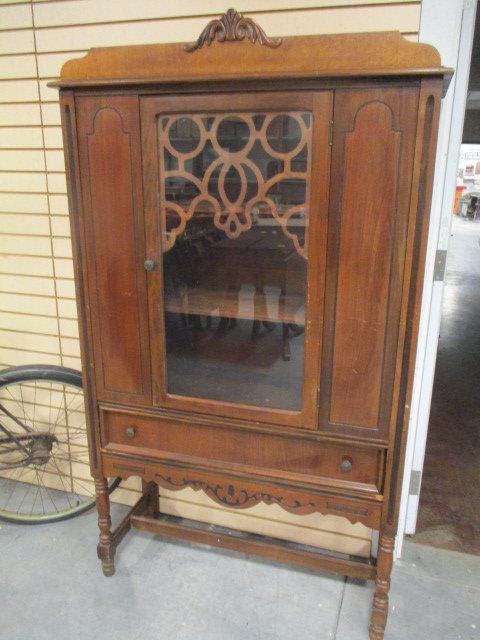 Antique Wood China Cabinet with Glass Door and Drawer