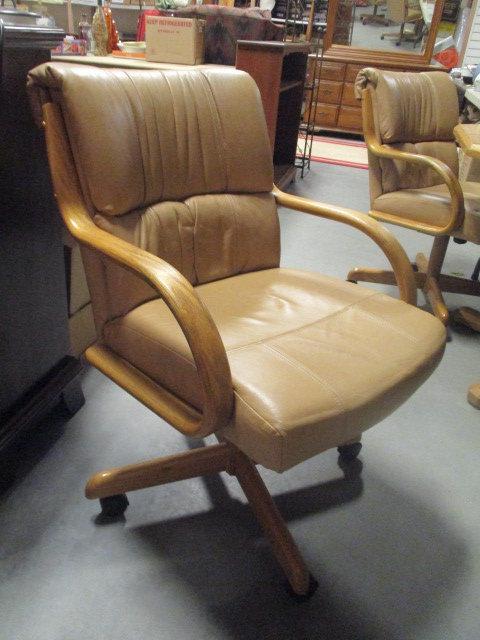 Oak Octagonal Table, Leaf and Four Rolling, Swiveling Chairs