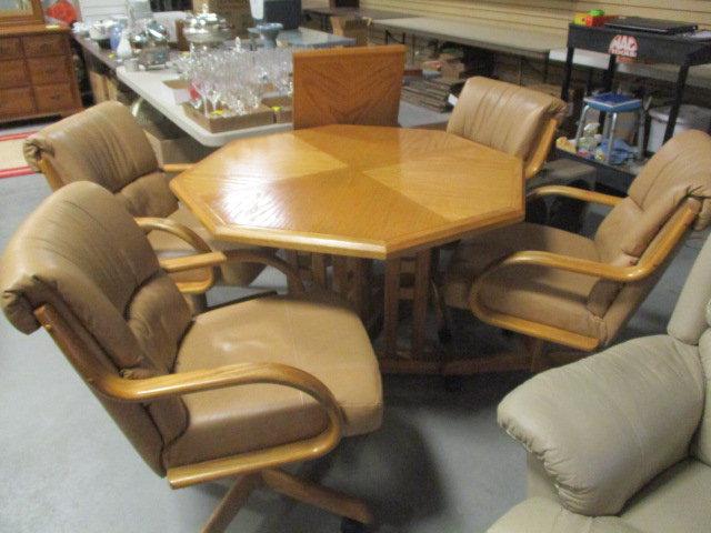 Oak Octagonal Table, Leaf and Four Rolling, Swiveling Chairs