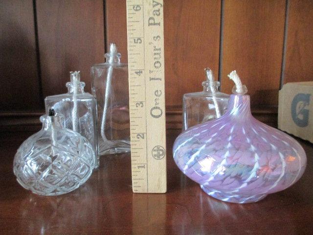 Five Small Glass Oil Lamps - One Signed