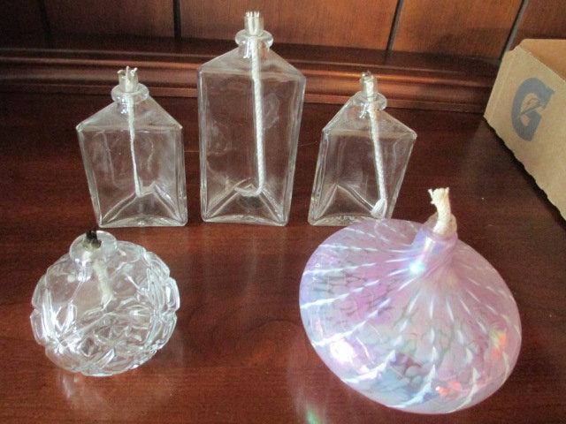 Five Small Glass Oil Lamps - One Signed