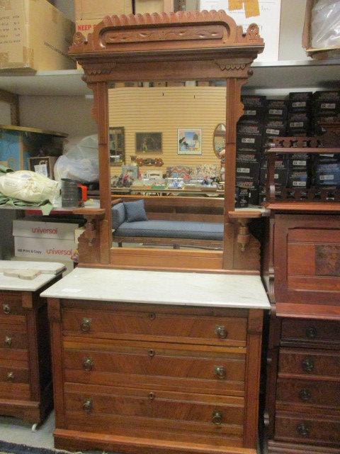 Antique Three Drawer Dresser with Marble Top and Mirror