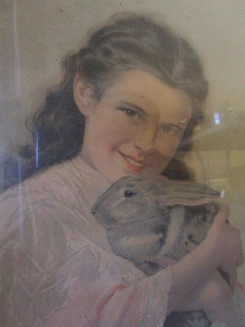 Old Framed Picture of Girl w/ Bunny "My Bunny"