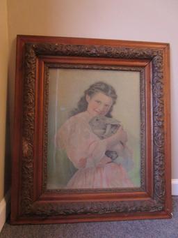 Old Framed Picture of Girl w/ Bunny "My Bunny"