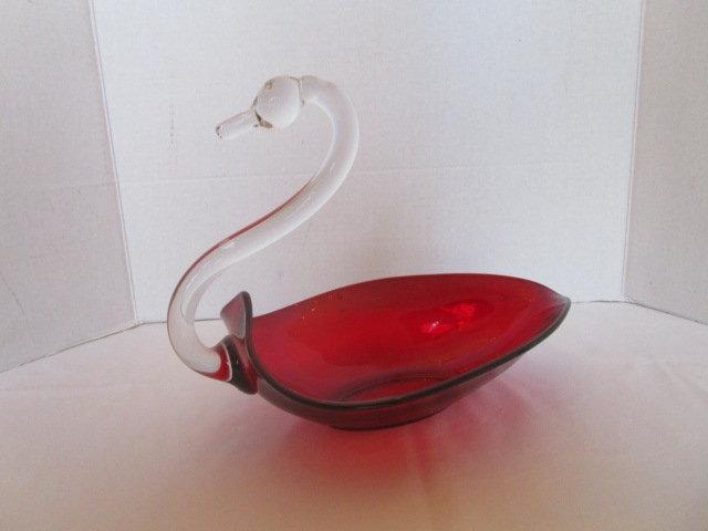 Red and Clear Glass Swan Bowl
