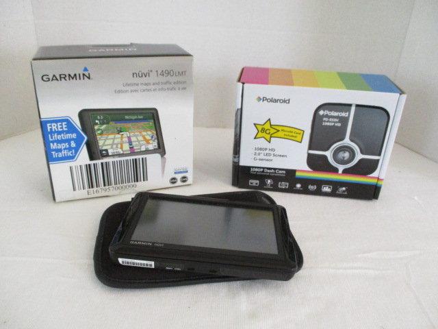 Garmin Nuvi 1490LMT in Box, Garmin Nuvi 1490 in Pouch, Polaroid 1080P HD Dash Cam in Box