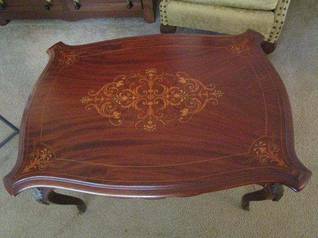 Antique Table with Queen Anne Style Legs, Brass Details and Wood Inlay