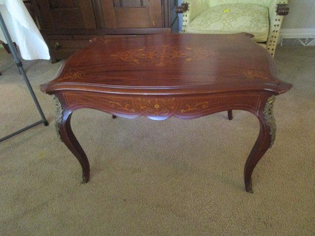 Antique Table with Queen Anne Style Legs, Brass Details and Wood Inlay