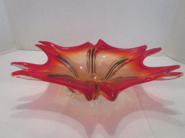 Red Pulled Hand Blown Glass Dish