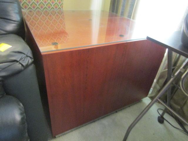 Midcentury Side Table with Glass Top and Mirrored Toe Kick