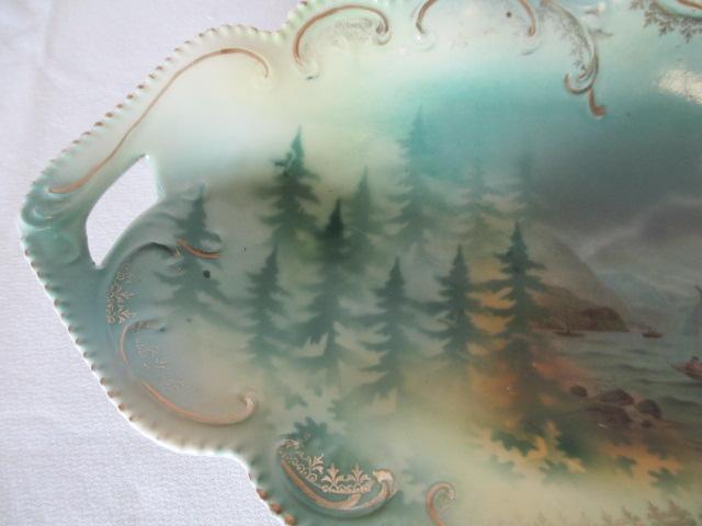 RS Prussia Red Mark Scenic Seascape with Ship, Trees and Rocks Oval Dish