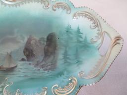 RS Prussia Red Mark Scenic Seascape with Ship, Trees and Rocks Oval Dish