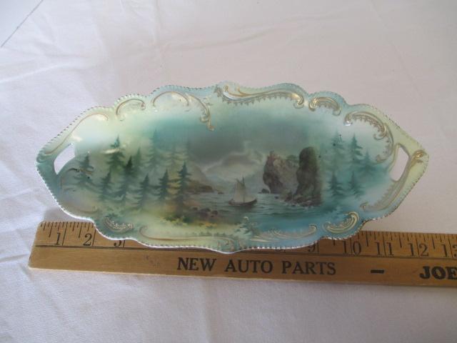 RS Prussia Red Mark Scenic Seascape with Ship, Trees and Rocks Oval Dish