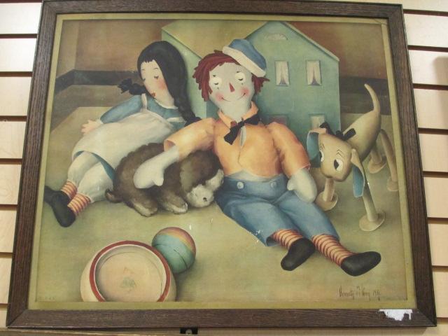 Framed Early Print of Raggedy Ann and Andy by Henrietta M. King 1931 R & R Publisher