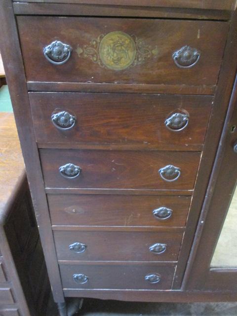 Antique Armoire Wardrobe with Two Mirrored Doors and 6 Drawers