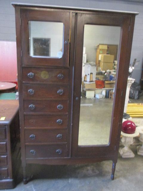 Antique Armoire Wardrobe with Two Mirrored Doors and 6 Drawers