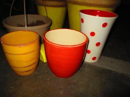 Six Ceramic Flower Pots and Plastic Hanging Basket