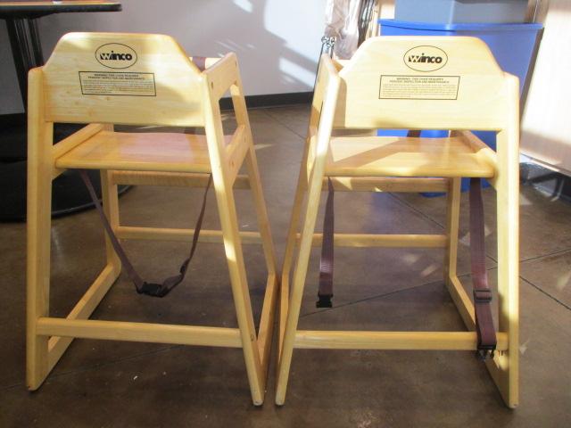 Two Winco Stacking Wood Hi-Chairs