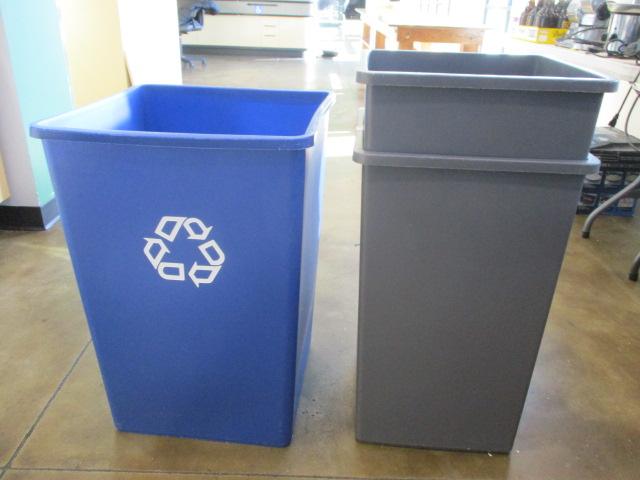 Three Large Open Trash Cans - One for Recyclables