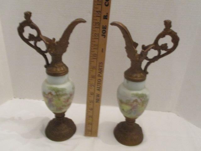 Pair of Antique Hand Painted Victorian Mantle Ewer