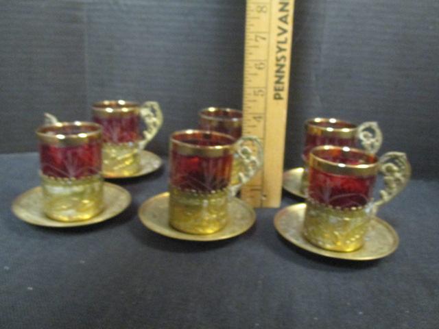 Set of Six Etched Cranberry Colored Glasses with Metal Holders and Trays