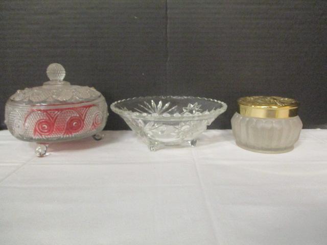 Estee Lauder Powder Jar, Footed Dish, and Three Footed Jar with Avon Puff