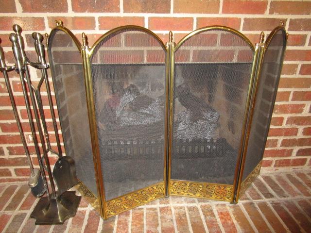 Antique Brass Finish Fireplace Set and Brass Folding Fireplace Screen