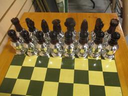 Wood Checker/Chess Board Table with Avon Cologne Chess Pieces