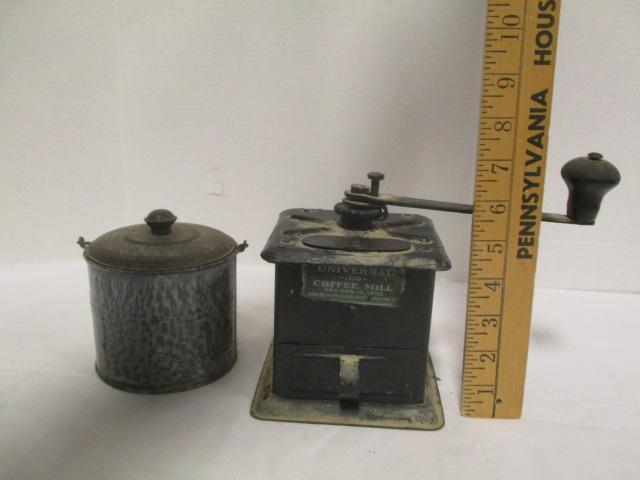 Vintage Universal 109 Coffee Mill and Lidded Enamel Pot