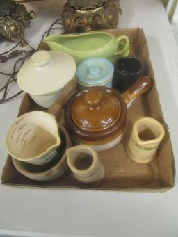 Table Lot-Colored Glass Bottles, Frames, Lamps, Pottery Pieces, etc.