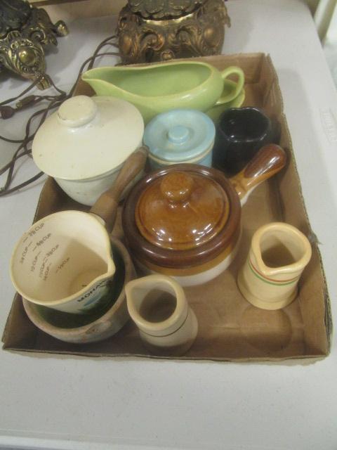 Table Lot-Colored Glass Bottles, Frames, Lamps, Pottery Pieces, etc.