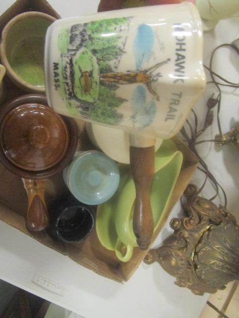 Table Lot-Colored Glass Bottles, Frames, Lamps, Pottery Pieces, etc.