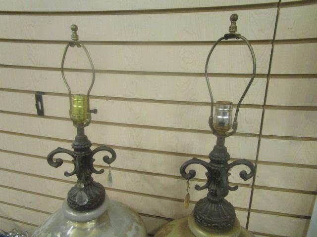 Table Lot-Colored Glass Bottles, Frames, Lamps, Pottery Pieces, etc.