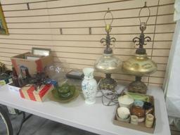 Table Lot-Colored Glass Bottles, Frames, Lamps, Pottery Pieces, etc.