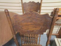 Round Table with Two Leaves and Six Oak Gingerbread Style Chairs