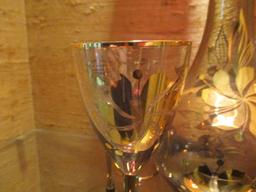 Smoke Glass Decanter and Six Stemmed Glasses with Gold Floral Design