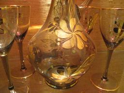 Smoke Glass Decanter and Six Stemmed Glasses with Gold Floral Design