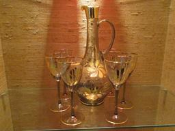 Smoke Glass Decanter and Six Stemmed Glasses with Gold Floral Design
