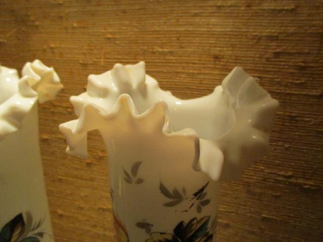 Pair of Hand Painted White Art Glass Vases with Ruffle Edge Rim