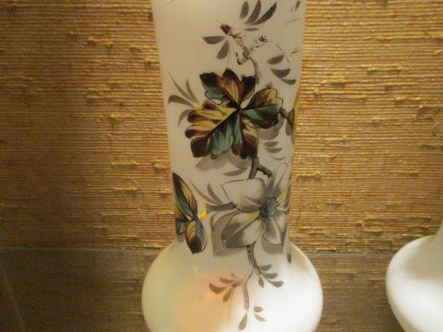 Pair of Hand Painted White Art Glass Vases with Ruffle Edge Rim