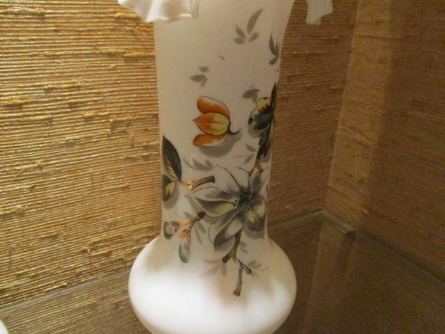 Pair of Hand Painted White Art Glass Vases with Ruffle Edge Rim