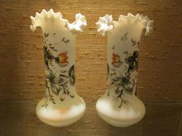 Pair of Hand Painted White Art Glass Vases with Ruffle Edge Rim
