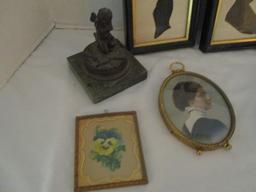 Small Vintage Framed Prints and Bronze Cherub on Marble Base Statue