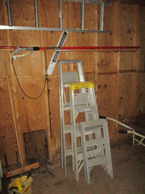 Contents of Green Outdoor Building-Aluminum Step Ladders, Extension Ladder,