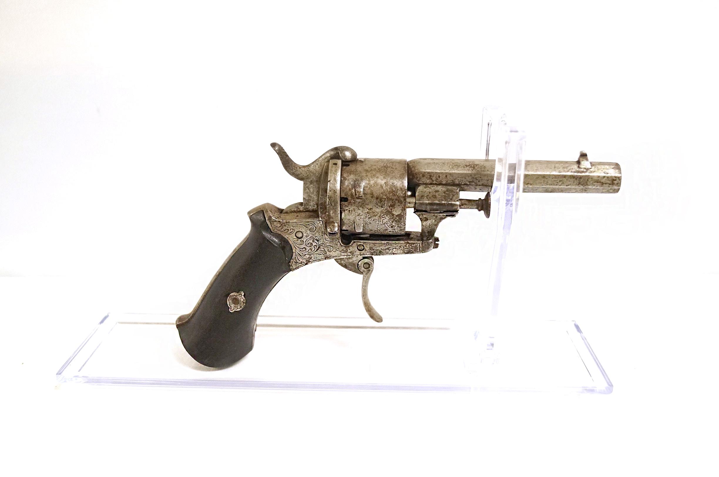 Beautifully Engraved Antique Belgian Lefaucheux Folding Trigger Pinfire Revolver