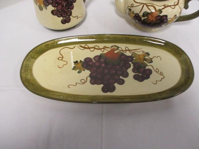 Ceramic Teapot, Pitcher and Serving Tray with Grape Cluster Design