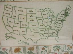 Vintage Framed Needle Point Map of United States and State Flowers