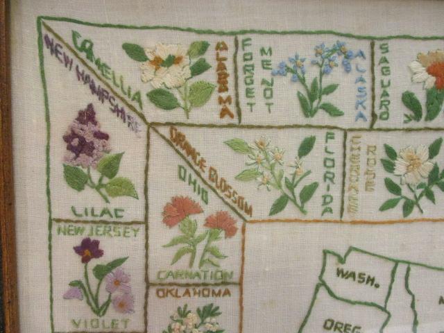 Vintage Framed Needle Point Map of United States and State Flowers