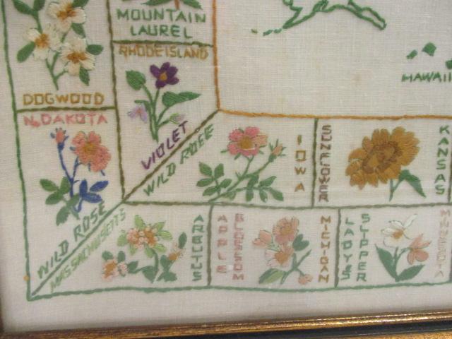 Vintage Framed Needle Point Map of United States and State Flowers