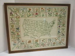 Vintage Framed Needle Point Map of United States and State Flowers